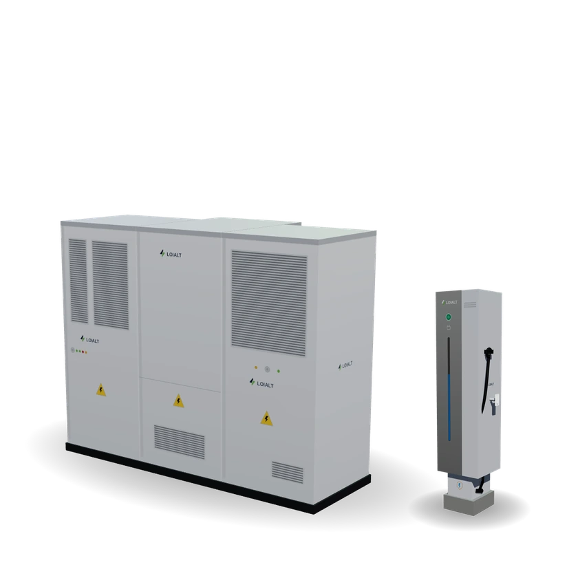 Estación de carga Nimbus con marca Loialt Energy: gabinete de equipos, gabinete de baterías, gabinete DC/DC y cargador rápido de 180 kW